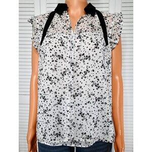 CeCe Women’s Blouse Size M White Black Floral Ruffle Sleeve Peter Pan Top